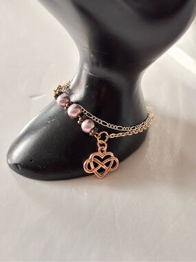 🌷5/25$ Gold and silver tone infinity Heart Charm Bracelet with lilac faux Pearl